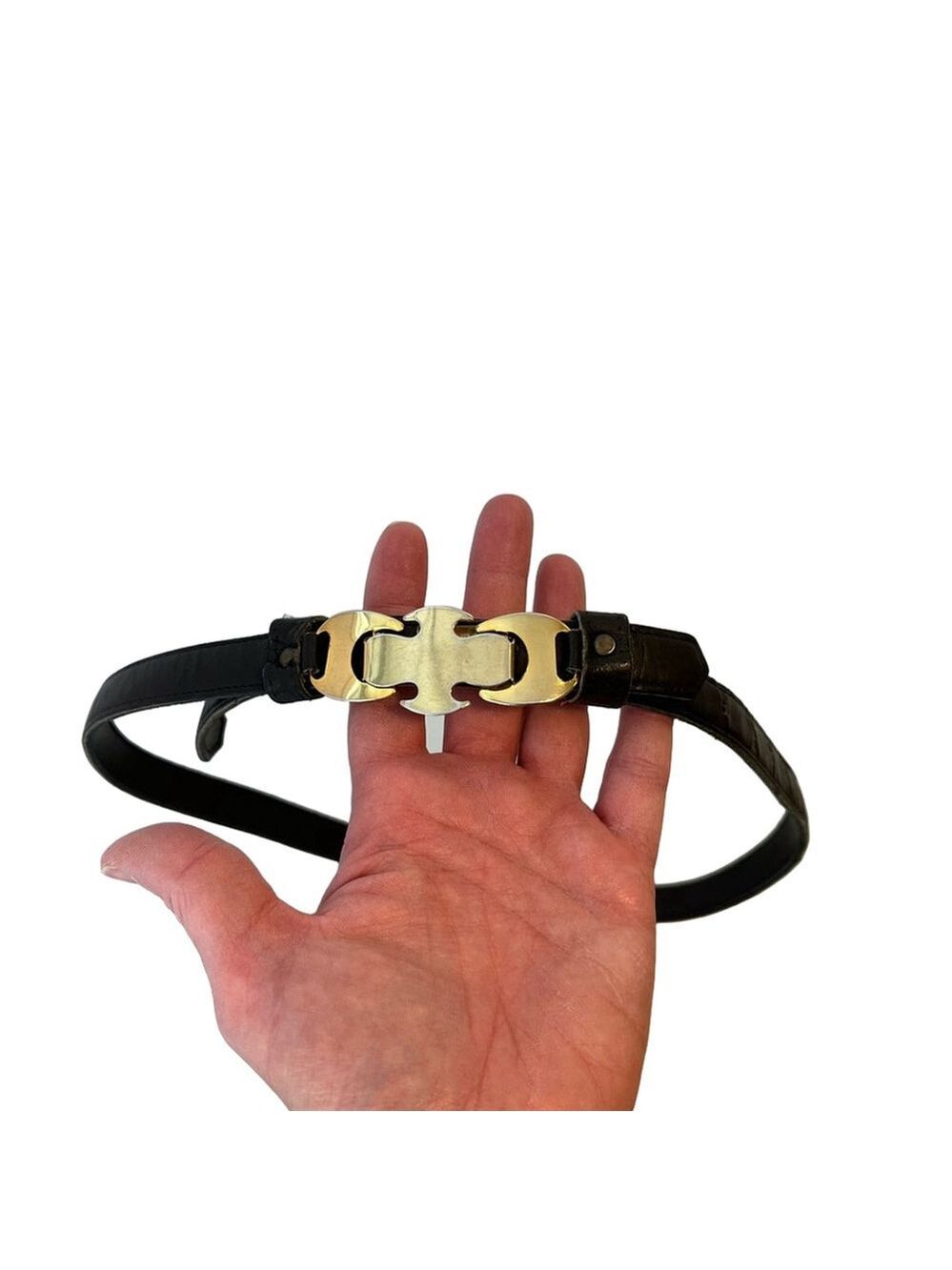 Women's Vintage 70s / 80s Leather Belt Black Gold Buckle Detail Fits 23-32” XS-M